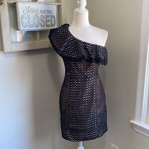 J. Crew One Shoulder Black Nude Ruffle Mesh Eyelet Overlay Mini Dress NWT